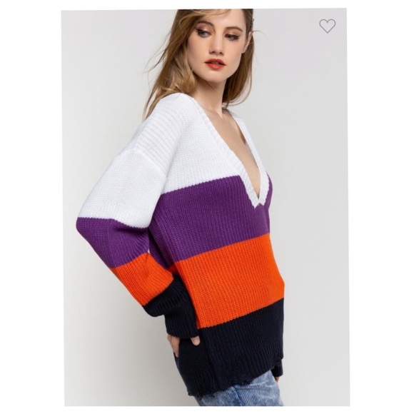 *Boutique Clearance* POL Colorblock Distressed Deep V Neck Sweater - Picture 6 of 8